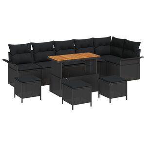 Canapé de Jardin 10 Pièces Avec Coussins Noir Poly Rattan Acacia