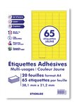20 Planches A4 - 65 étiquettes 38,1 MM x 21,2 MM autocollantes jaune par planche pour tous types imprimantes - Jet d'encre/laser/photocopieuse