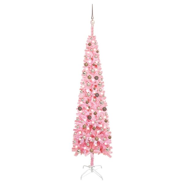 Vidaxl arbre de noël mince avec led et boules rose 240 cm