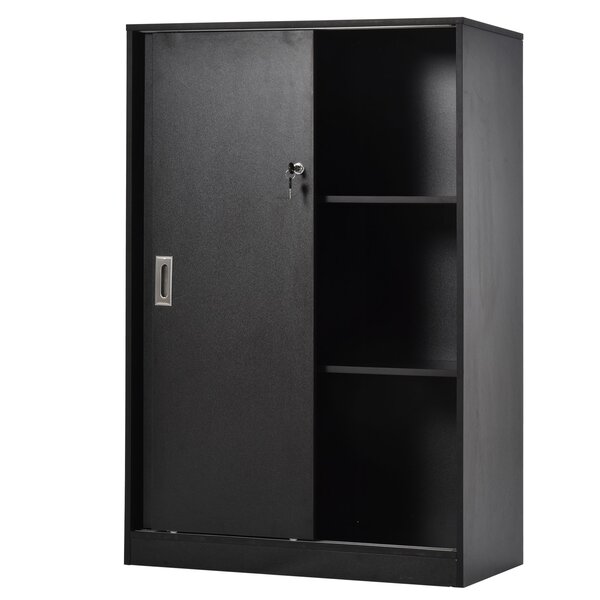 Armoire de bureau 2 portes coulissantes 80 x 40 x 120 cm sécurisée 2 étagères moderne épuré en panneau de particules noir 21_0002431