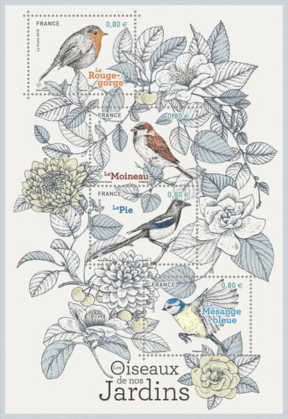 Bloc 4 timbres - Les oiseaux de nos jardins - Lettre verte