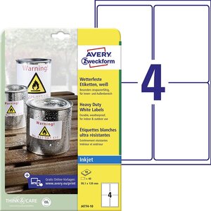 Boite de 40 etiquettes polyester inaltérable jet d'encre 139 2 x 99 1 mm blanche avery zweckform
