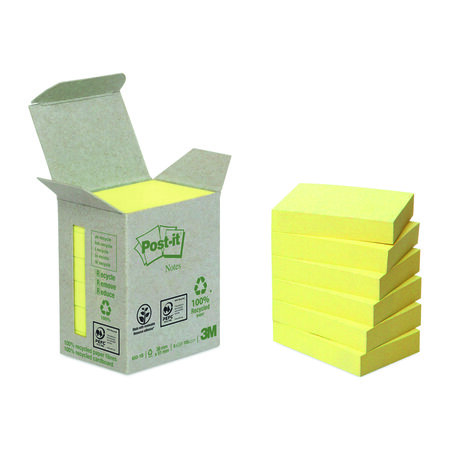Notes repositionnables jaunes recyclées post-it 38 x 51 mm - en tour distributrice - bloc de 100 feuilles - lot de 12