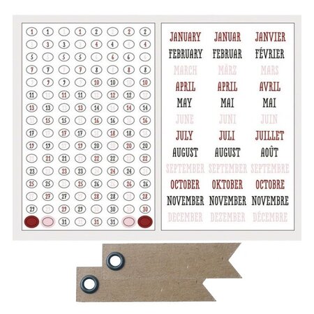 Stickers calendrier 4 planches Mois & dates + 20 étiquettes kraft Fanion