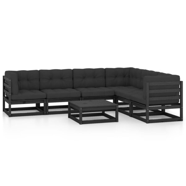 vidaXL Salon de jardin 7 Pièces avec coussins noir bois de pin massif