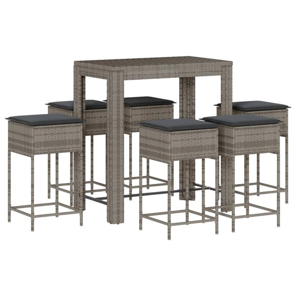 vidaXL Ensemble de bar de jardin 7 Pièces avec coussins gris poly rotin