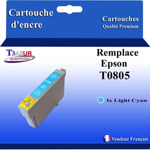 T3AZUR- Cartouche Compatible avec Epson T0805 remplace Epson Stylus Photo R217 R265 R276 R285 R360 R685 Light Cyan