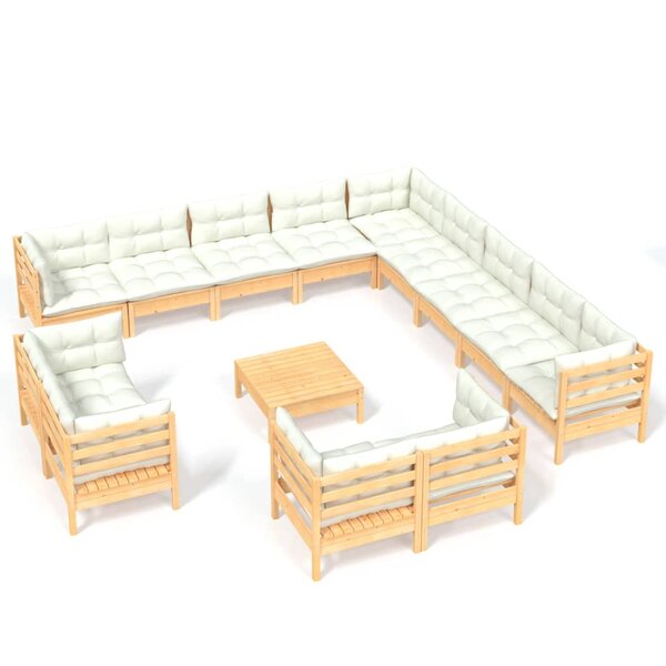 Salon de jardin meuble d'extérieur ensemble de mobilier 14 pièces avec coussins crème bois de pin solide 02_0015835