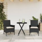 vidaXL Ensemble de bistro avec coussins 3Pièces noir résine tressée verre