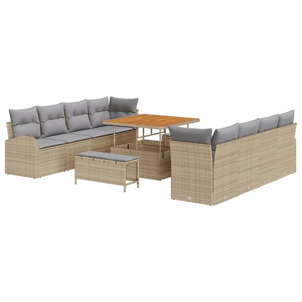 Canapé de jardin 11 pièces avec coussins beige poly rattan acacia