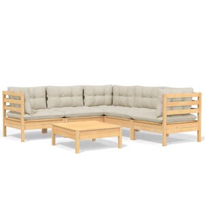 Salon de jardin meuble d'extérieur ensemble de mobilier 6 pièces avec coussins crème bois de pin solide 02_0016757