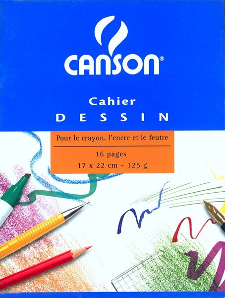 Cahier de dessin piqûre 16 pages unies 125g 17x22. Couverture carte CANSON