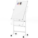 Tableau blanc mobile magnétique double face 60 x 90 cm tableau réversible effaçable à sec hauteur réglable sur 2 positions 4 roulettes blanc