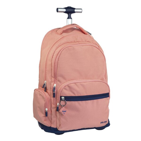 Sac à dos scolaire Milan Serie 1918 25L avec trolley intégré et poignée métallique rétractable - 3 poches avant + 2 poches latérales - Taille 46 5x30x17cm - Couleur Rose