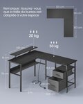 Bureau d'angle avec multiprise 120 x 150 x 76 cm informatique avec rehausseur d’écran bureau gaming led 2 tiroirs 2 ports usb facile à monter noir 12_0004625