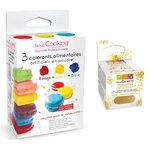 3 colorants alimentaires en poudre jaune-rouge-bleu + paillettes dorées