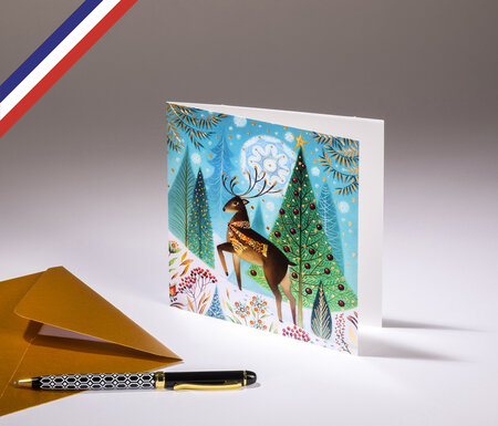 Carte double fin d'année - créée et imprimée en France- Cerf majestueux pour souhaiter un joyeux Noël ou les vœux de bonne année