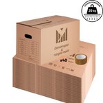 Lot de 40 cartons 50x30x30 cm poignées renforcées double épaisseur + 1 rouleau adhésif 68 m