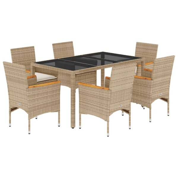 vidaXL Ensemble à manger de jardin et coussins 7 Pièces beige rotin verre