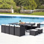 Le Kaolino : salon de jardin encastrable 12 places en résine tressée et aluminium noir coussins blancs