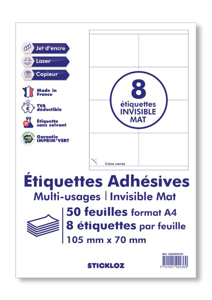 50 planches a4 - 8 étiquettes 105 mm x 70 mm autocollantes invisible mat par planche pour tous types imprimantes - jet d'encre/laser/photocopieuse