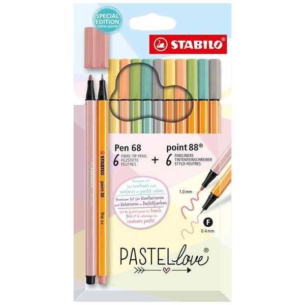 Set de 12 feutres Pen 68 & point 88 Pastellove STABILO