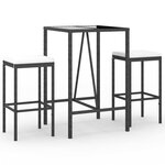 vidaXL Ensemble de bar de jardin 3 Pièces avec coussins noir poly rotin