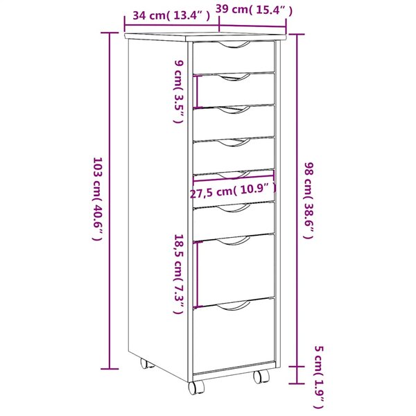 Armoire roulante avec tiroirs MOSS blanc bois de pin solide FR62594