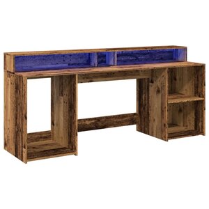 Bureau table poste de travail meuble d'ordinateur informatique étude avec lumières LED vieux bois bois d'ingénierie brun 02_0023437