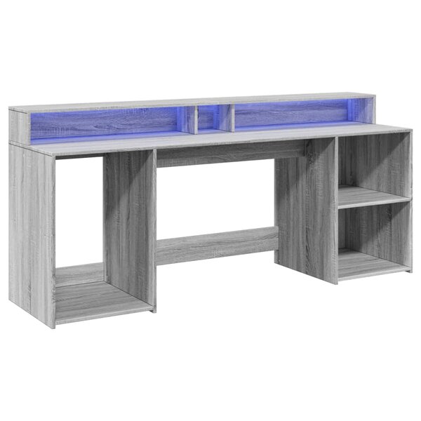 Bureau table poste de travail meuble d'ordinateur informatique étude et lumières LED sonoma 200 x 55 x 91 cm bois ingénierie gris 02_0023811