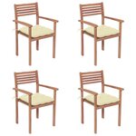 vidaXL Chaises de jardin lot de 4 et coussins blanc crème Teck solide