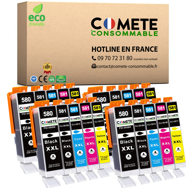 COMETE, Entreprise française - 580XL 581XL - 20 Cartouches d'Encre Compatibles avec Canon PGI-580 CLI-581 pour Canon Pixma TR7550 TR8550 TS6150 TS8150 TS9150 TS9155 (8 Noir 4 Cyan 4 Magenta 4 Jaune)