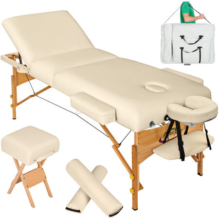 Tectake Table de massage Pliante 3 Zones, Tabouret, Rouleau + Housse - beige