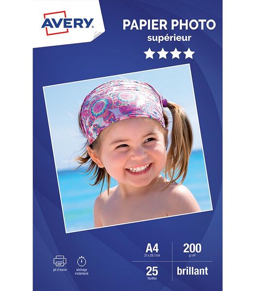 Bte 25 feuilles de papier photo blanc brillant 200g. A4. Impression jet d'encre AVERY