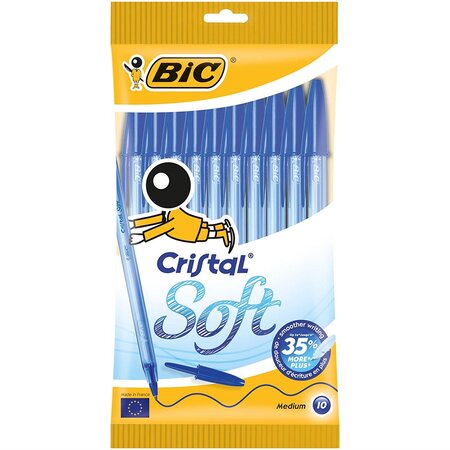 Pochette de 10 Stylos-bille Cristal Soft Pointe Moyenne Bleu BIC