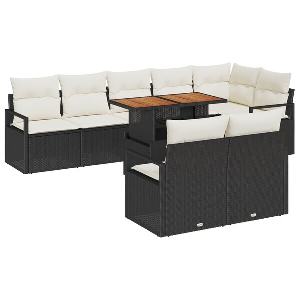 Ensemble de Canapé de Jardin 9 Pièces avec Coussins Noir Poly Rattan Acacia