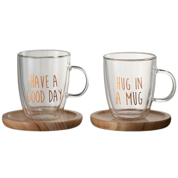 Mugs en verre avec sous tasses en bois et inscriptions cuivrées