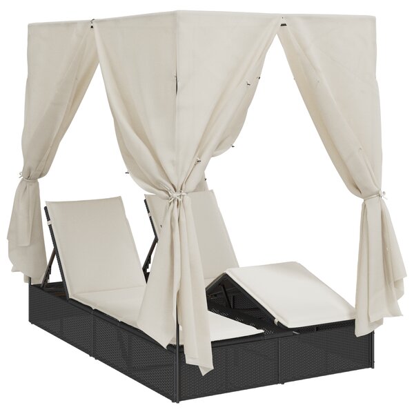 vidaXL Chaiselongue double avec toit et rideaux avec des rideaux Réglable Noir