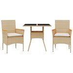 vidaXL Ensemble à manger de jardin et coussins 3 Pièces beige rotin verre