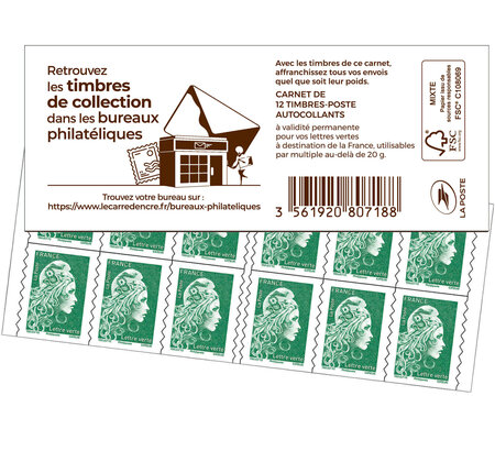 Carnet 12 timbres Marianne l'engagée - Lettre Verte - Couverture Bureaux philatéliques