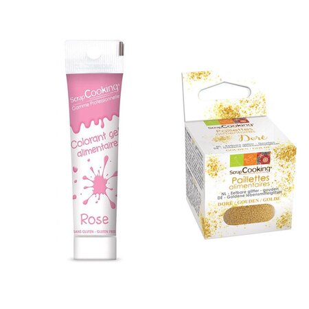 Gel colorant alimentaire rose + paillettes dorées