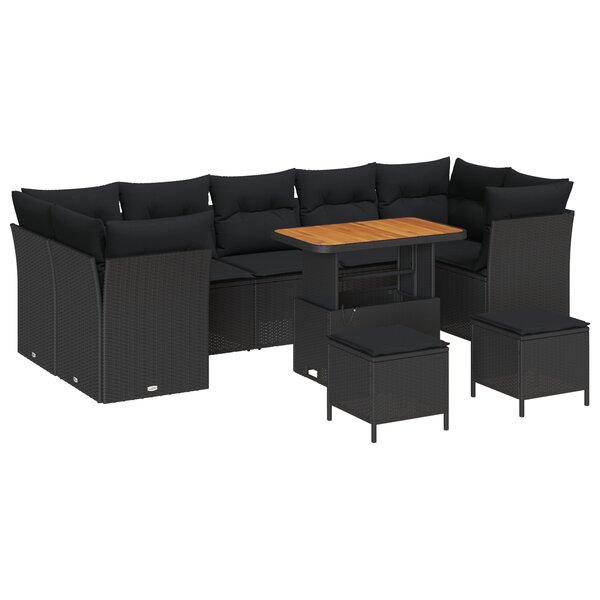 Ensemble de Canapé de Jardin de 10 Pièces avec Coussins Noir Poly Rattan Acacia