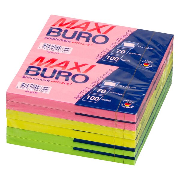 Notes repositionnables néon 75 x 125 mm - maxiburo - lot de 12