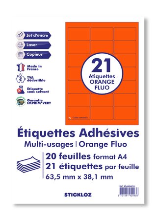 20 Planches A4 - 21 étiquettes 63,5 MM x 38,1 MM autocollantes fluo orange par planche pour tous types imprimantes - Jet d'encre/laser/photocopieuse