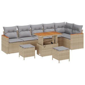 vidaXL Set de Canapé de Jardin 9 Pièces avec Coussins Beiges en Poly Rattan Acacia