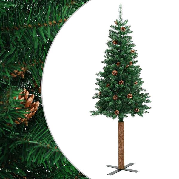 vidaXL Sapin de Noël mince avec bois véritable et cônes vert 210cm PVC