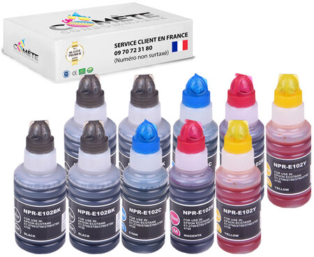 10 recharges 102 compatibles pour imprimantes epson ecotank - 4 noir + 2 cyan + 2 magenta + 2 jaune