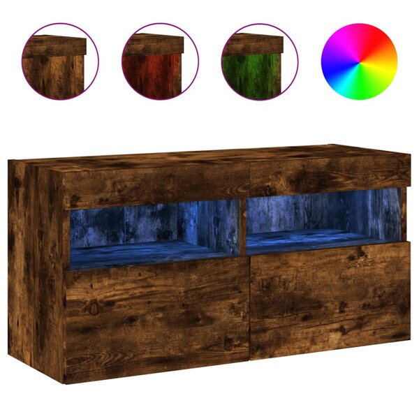 vidaXL Meuble TV mural avec lumières LED chêne fumé 80x30x40 cm