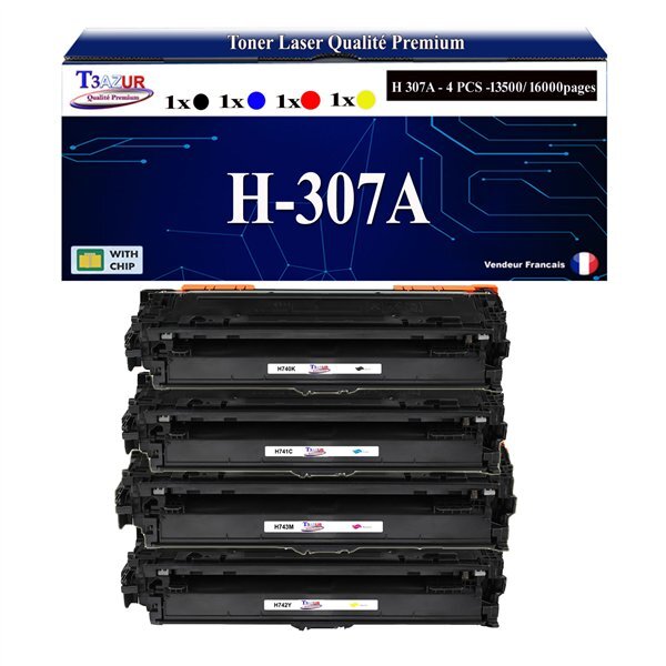 T3AZUR - 4x Toners compatibles avec CE740A  CE741A   CE742A   CE743A  307A  compatible avec HP