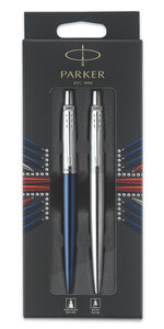 Parker jotter london, blister duo discovery : stylo bille bleu royal (recharge bleue) + stylo bille acier (recharge gel noire 0.7mm)